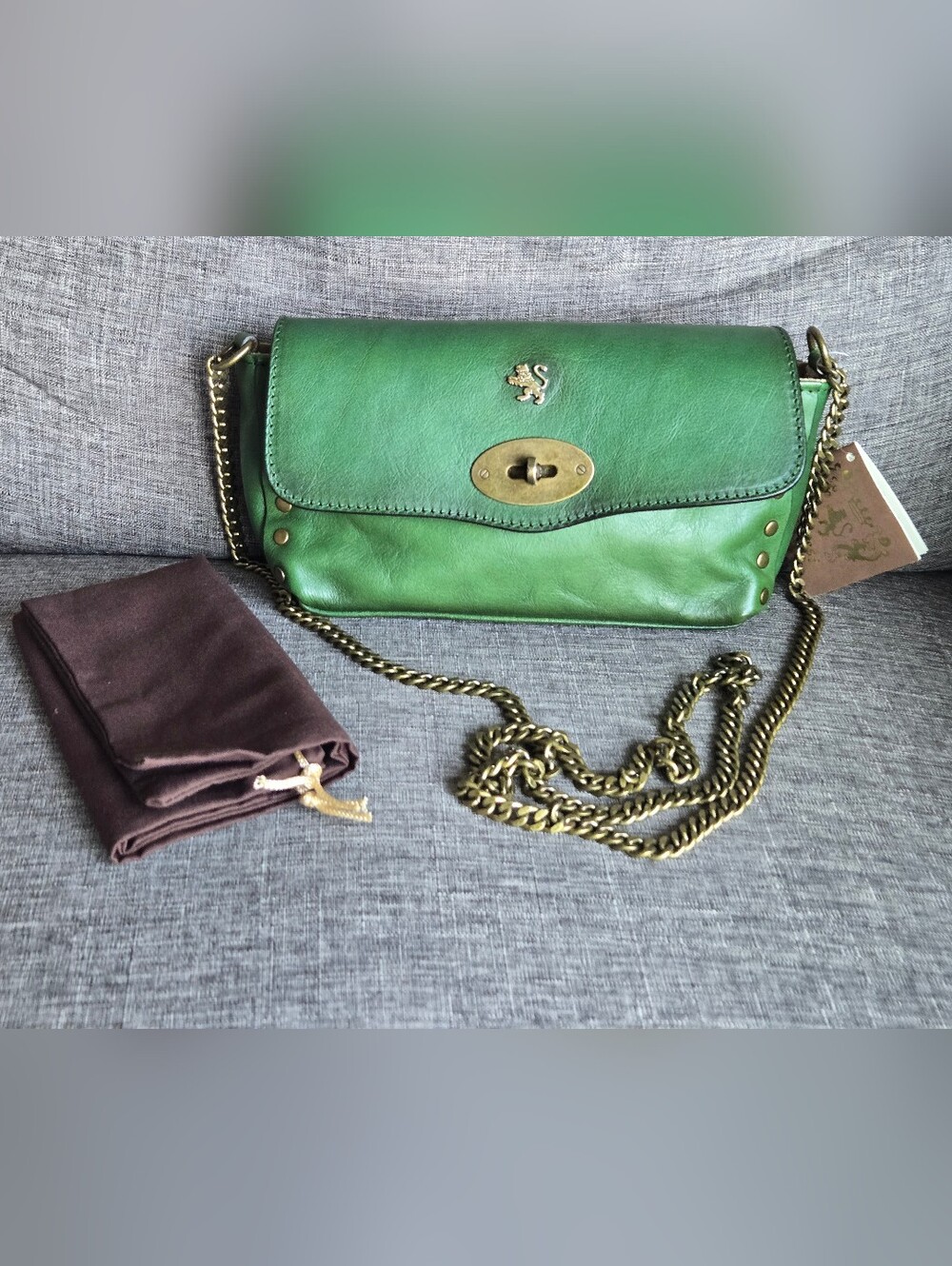 Pratesi Firenze Italian leather chain link crossbody bag Purse Green Imperfect